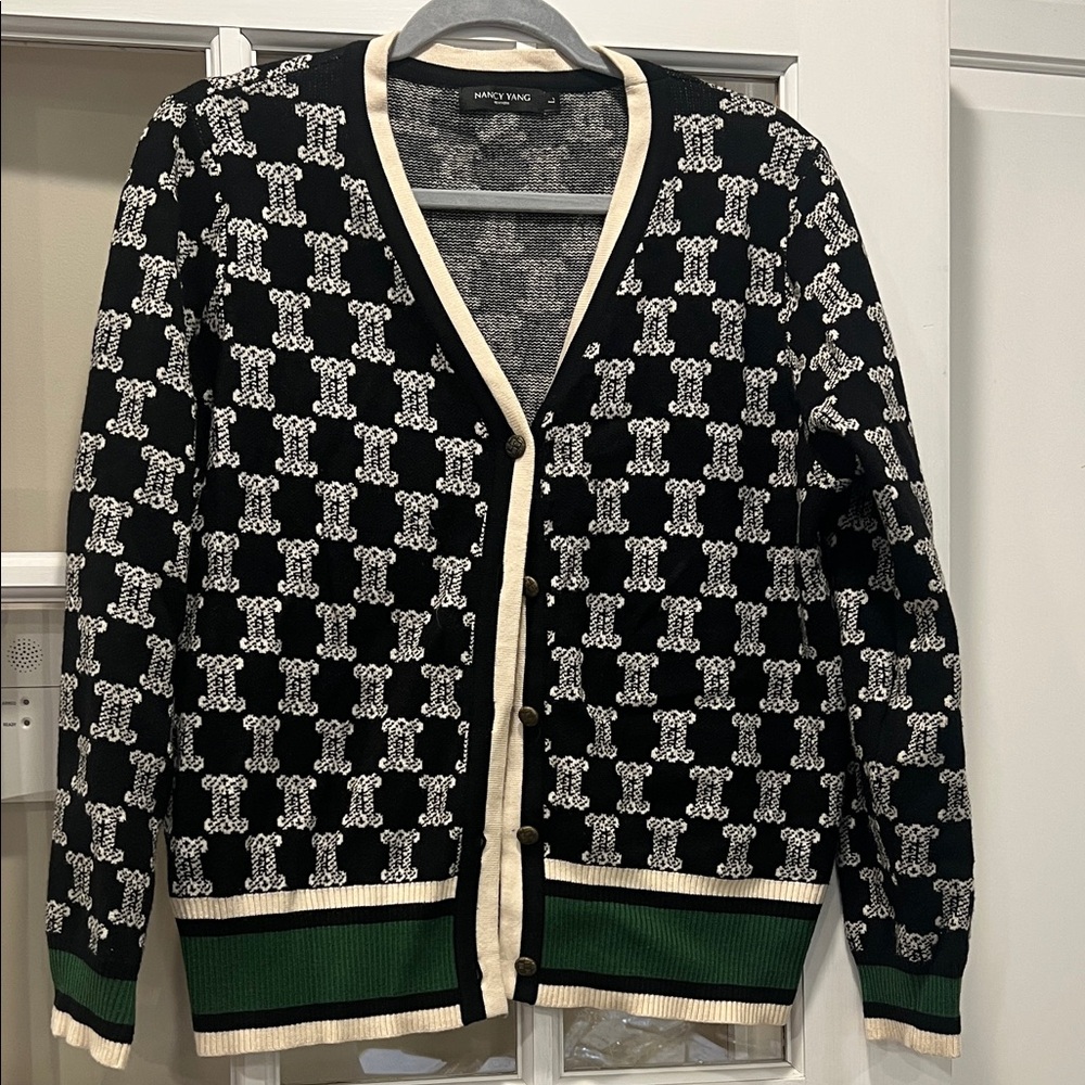 Elegant Black and White Cardigan with Green Trim